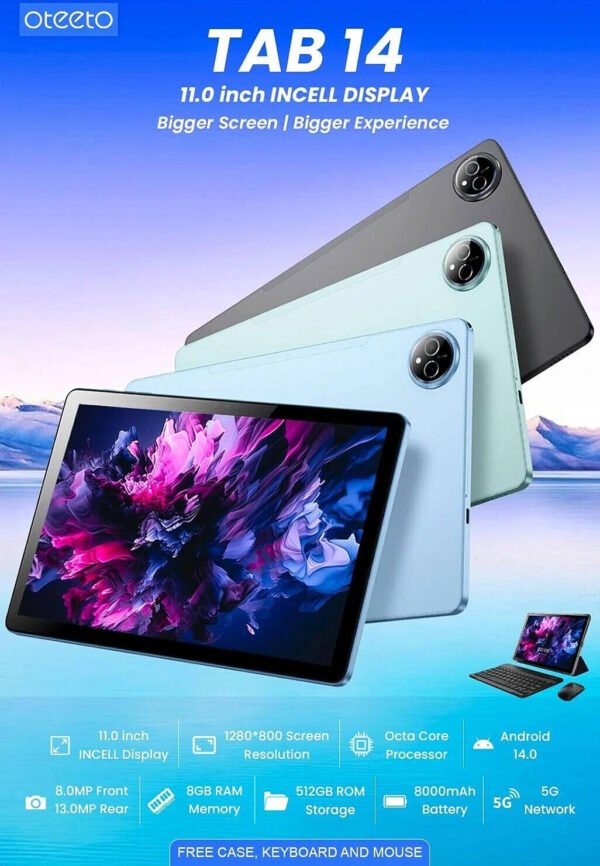 Oteeto Tab 14 5G Tablet, 11" Display, 8GB RAM, 512GB Storage, Android 14, Dual SIM, 8000mAh Battery, 8/13MP Camera, Case, Keyboard, Mouse Included, Blue | Tab 14 - Image 3