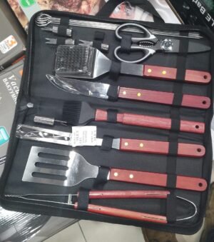 BBQ Grill Tool Set – Stainless Steel with Wooden Handles (in Zippered Case)